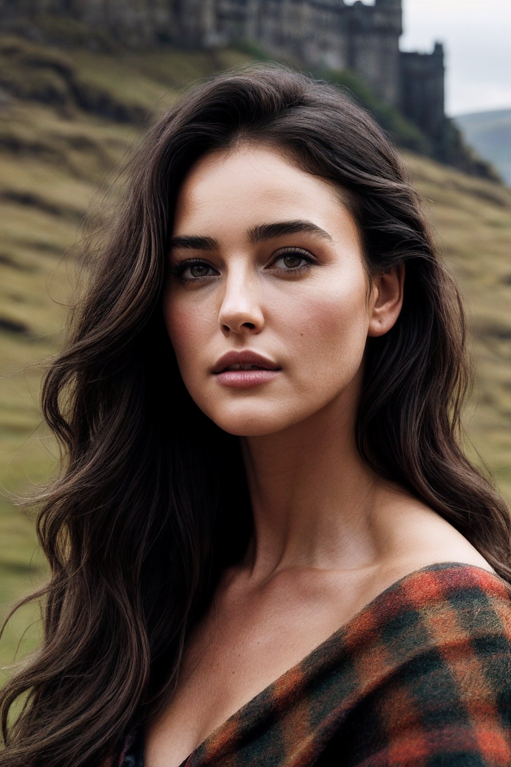 MonicaB_SoloTI_v1,  (In a simple,  rustic dress with a plaid shawl and wild by Solo on Tensor.Art