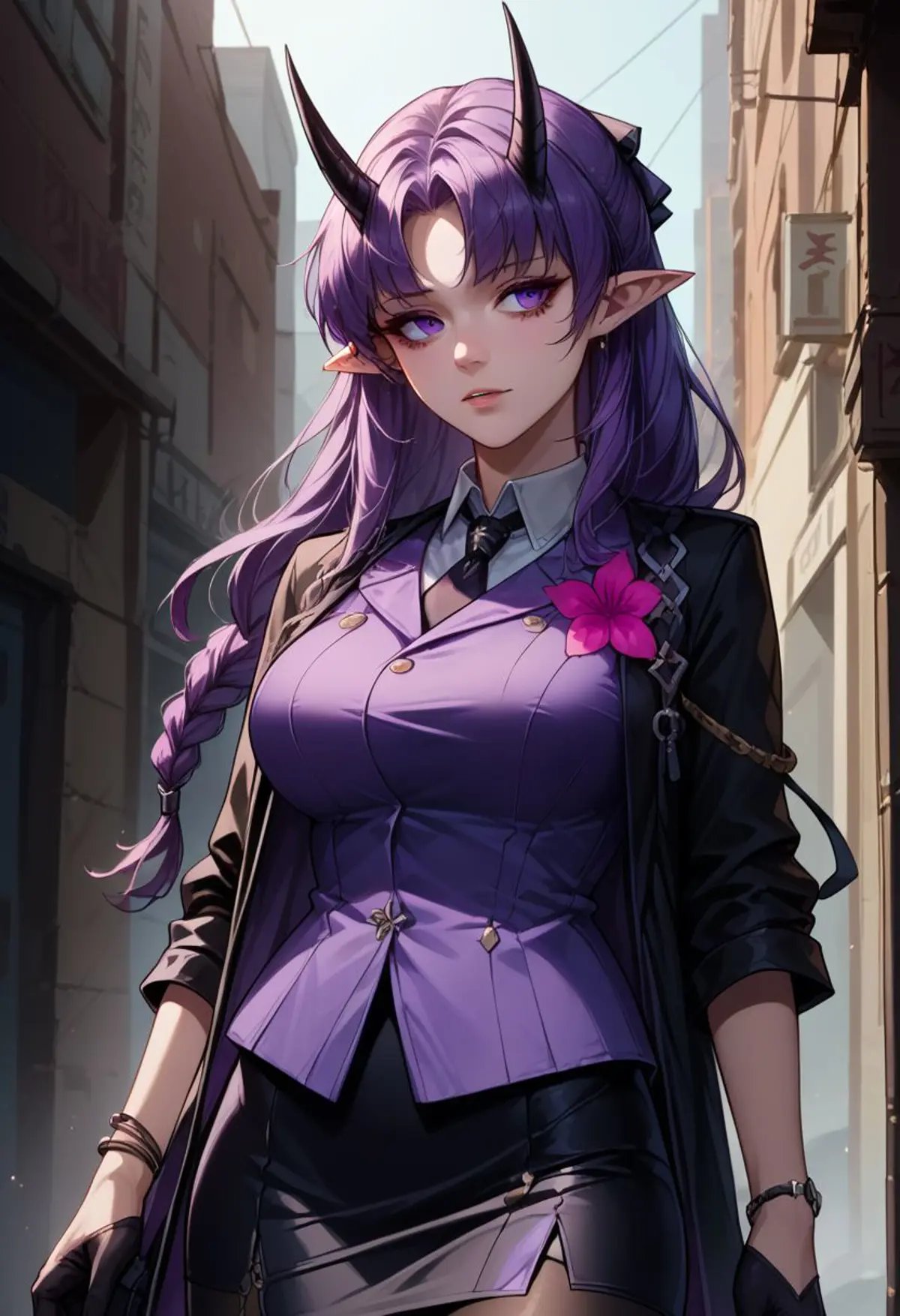 score_9, score_8_up, score_8, score_7_up,score_6_up,patHibiscus, long hair, purple hair, braid, pointy ears, horns, black necktie, purple shirt, black jacket, open clothes, pink flower, long sleeves, bracelet, black gloves, half gloves, black skirt, black pantyhose, dark alley, seductive, makeup, , seductive, Expressiveh, 