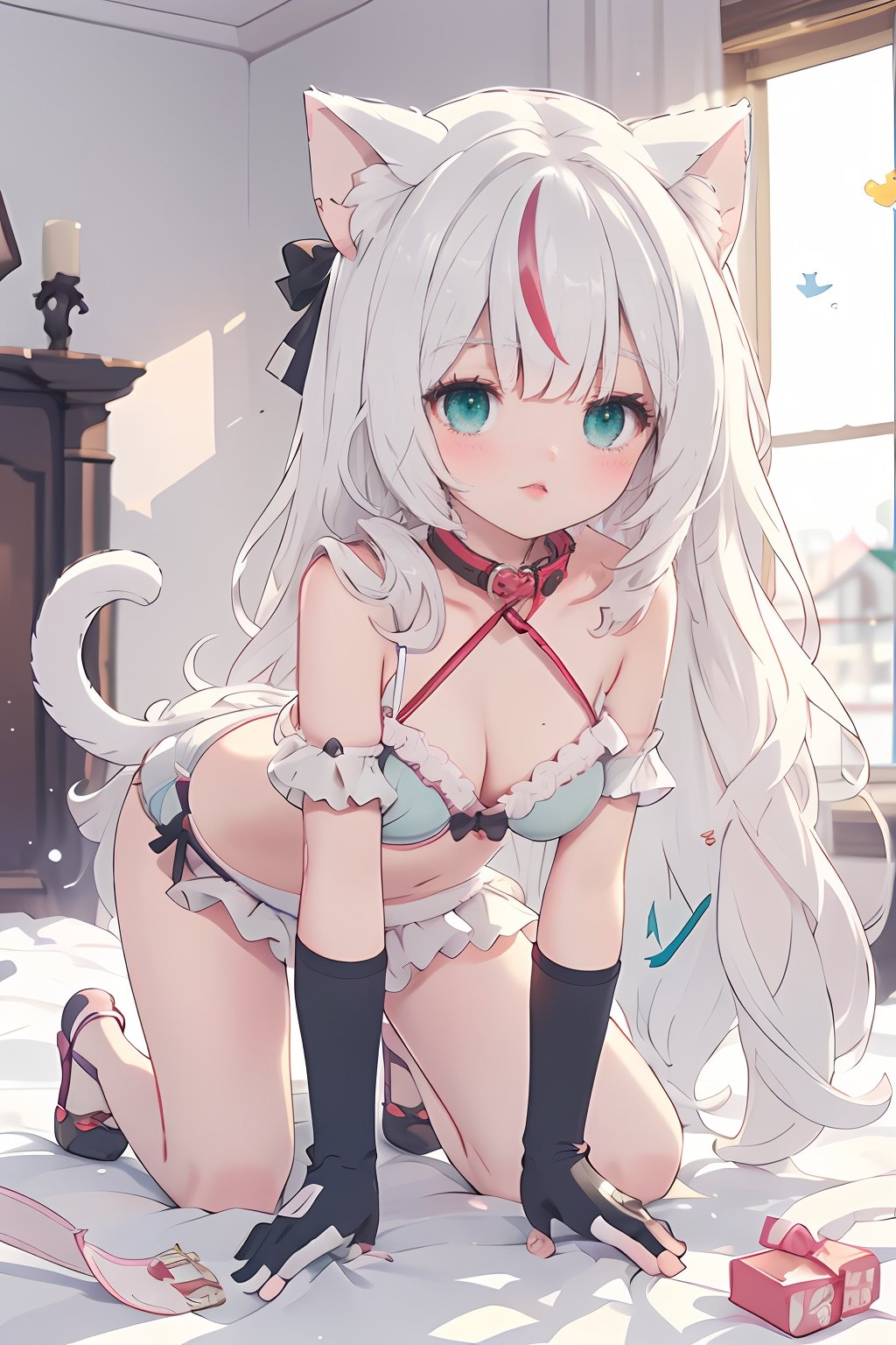 masterpiece,best quality,1girl,solo,long hair,looking at viewer,blush,black hair,gloves,bow,navel,animal ears,bare shoulders,very long hair,underwear,green eyes,collarbone,panties,tail,white hair,short sleeves,hair bow,multicolored hair,frills,parted lips,shoes,cat ears,hand up,bra,hair over one eye,blurry,collar,streaked hair,cat tail,animal ear fluff,black panties,clothing cutout,bell,depth of field,cleavage cutout,eyes visible through hair,cat girl,all fours,black bra,jingle bell,neck bell,strap slip,animal hands,meme attire,leash,tail ornament,paw gloves,frilled panties,frilled bra,tail bow,cat cutout,cat lingerie,paw shoeswindow,morning sunshine,