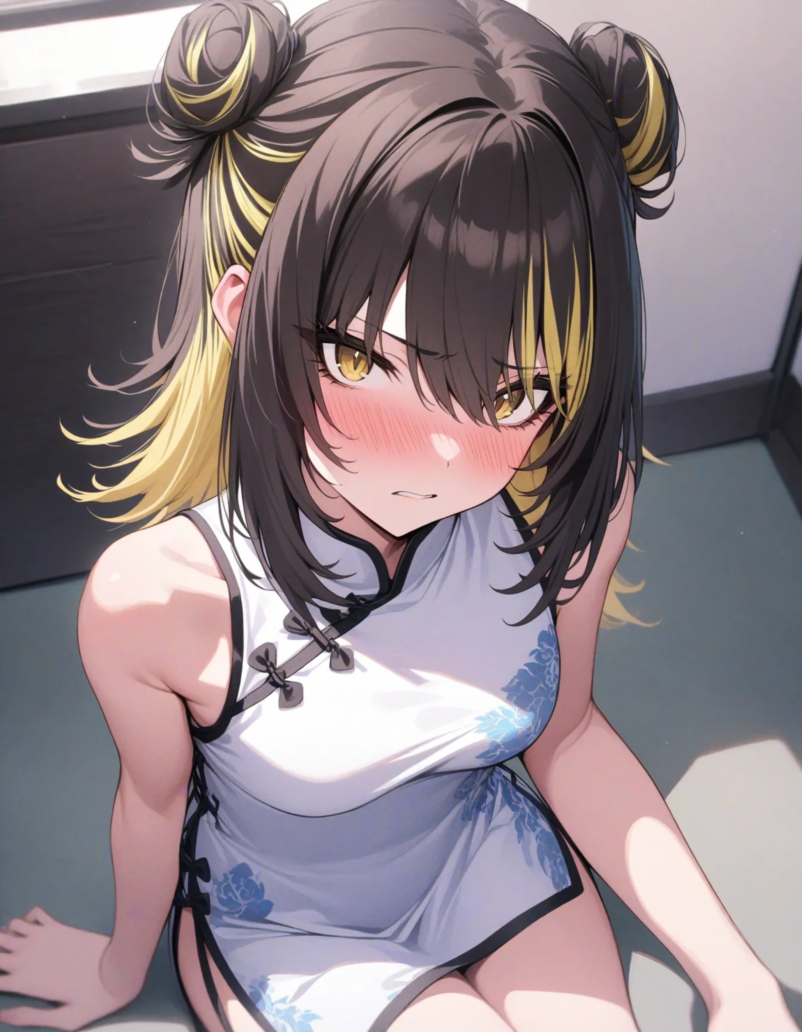 l_ikaruga, 1girl, solo, blonde hair, yellow eyes, (blush, embarrassed:1.2), parted lips, multicolored hair, looking at viewer, bangs, black hair, hair between eyes, two-tone hair, colored inner hair, medium hair, indoor, closed mouth, cowboy shot, white chinese clothes, china dress, bare shoulders, double hair bun, sitting, crossed legs, from abovemasterpiece, best quality, very aesthetic, absurdres<lora:a31_l_ikarugaXL:1>