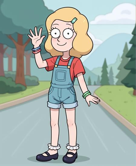 score_9, beth, 1girl, red t-shirt, overall shorts, blue overalls, (hairclip:0.8), smile, (frilled socks:0.9), mary janes, full body, solo, waving, rick and morty, standing, (bracelet:0.8), outdoors<lora:beth:1>