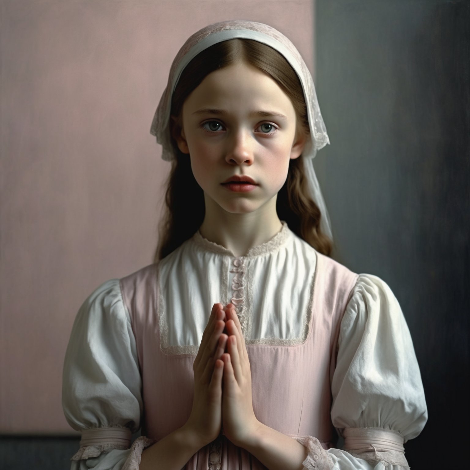 a girl in white is standing upright and holding her hands up, in the style of andrea kowch, colorized, light pink and dark gray, hans holbein the elder, movie still, pensive portraiture, soviet