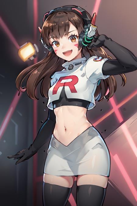 <lora:Cosplay_TeamRocket_v2:0.8>, ((masterpiece,best quality)), Cosplay_TeamRocket, white jacket, cropped jacket, white skirt, elbow gloves, black thighhighs, zettai ryouiki,  aahana, long hair, brown hair, headphones, whisker markings, <lora:d.va_v1:0.8>, cowboy shot, smile, open mouth, cyberpunk,