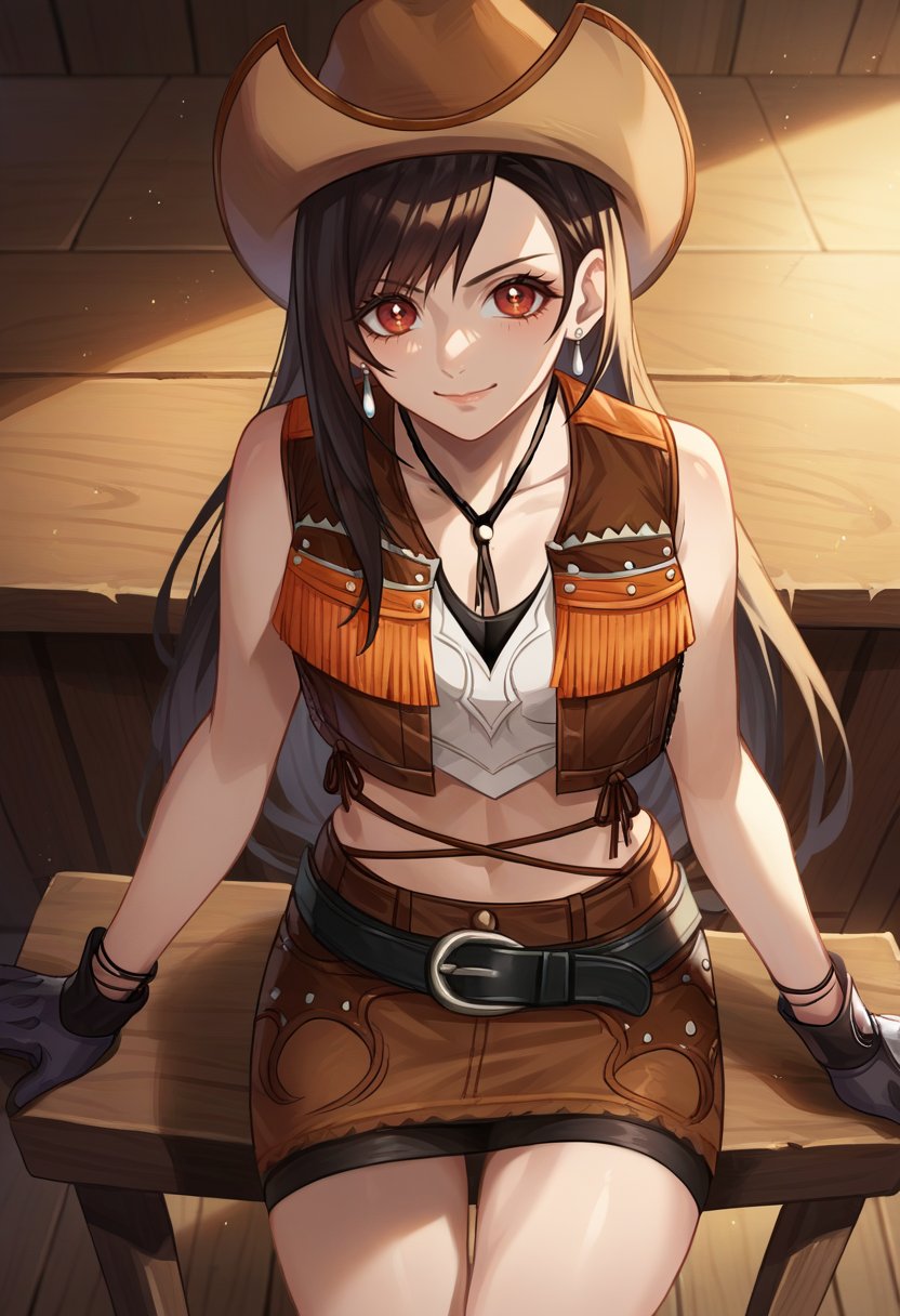 score_9, score_6_up, source_anime, 1girl, solo, wooden floor, wooden wall, on stool, tifa_wildwest, long hair, cowboy hat, brown vest, crop top, cleavage, brown skirt, belt, black gloves, earrings, fringe trim, light smile <lora:tifaXL:1>