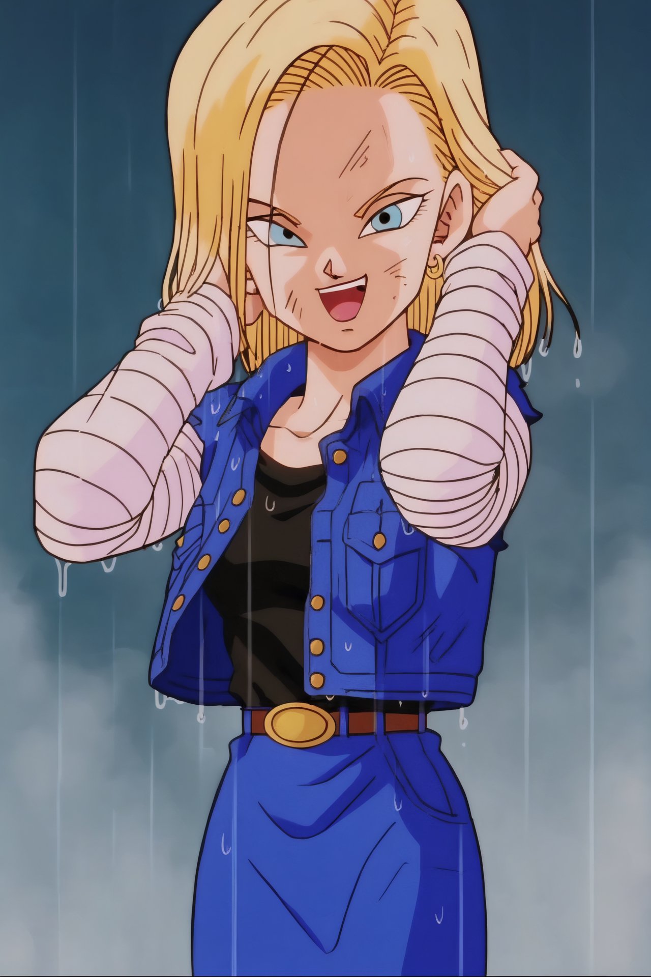 source_anime, score_9, score_8_up, score_7_up, anime screencap,detailed face, retro artstyle, 1990s \(style\), android 18, classic look, 1girl, solo, looking at viewer, short hair, blue eyes, blonde hair, collarbone, cowboy shot, (laughing), evil, touching hair, fire, smoke, ruined city, wet hair, rain, black shirt, denim jacket, vest, striped sleeves, belt, denim skirt, black pantyhose, evil laugh, <lora:c18_pony_v1:0.8>