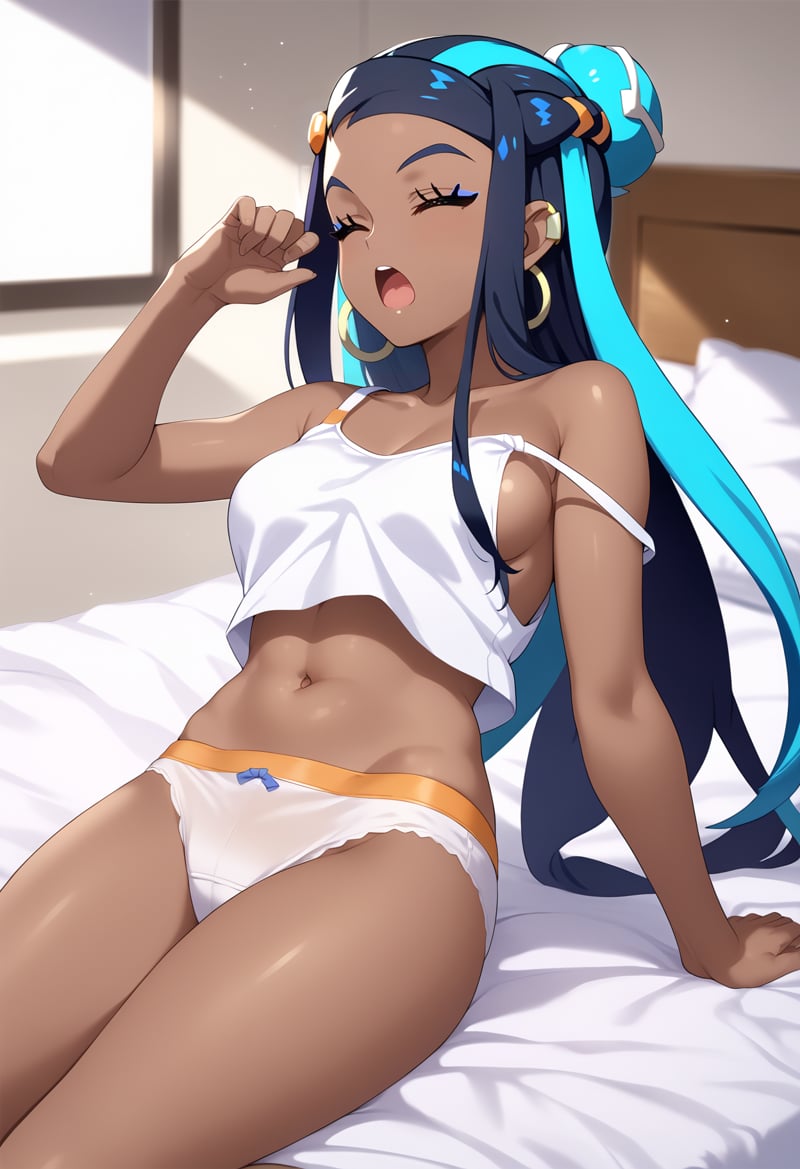 score_9, score_8_up, score_7_up, BREAK,1girl, nessa, black hair, blue hair, long hair, multicolored hair, blue hair,dark skin, single hair bun,white tank top, midriff, navel, white panties, strap slip, underwear, sideboob, waking up, yawning, bed, indoors, bedroom background  <lora:NessaXL:1>