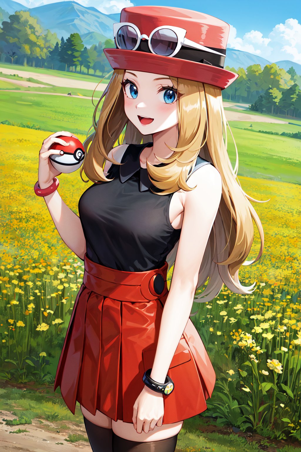 masterpiece, best quality, highres, aaserena, solo, long hair, eyewear on headwear, pink headwear, eyelashes, blue eyes, sleeveless shirt, black shirt, bracelet, high-waist skirt, red skirt, black thighhighs, <lora:serena_(pokemon)_v2:0.7>, standing, field, holding poke ball, poke ball \(basic\), holding, smile, open mouth, cowboy shot,