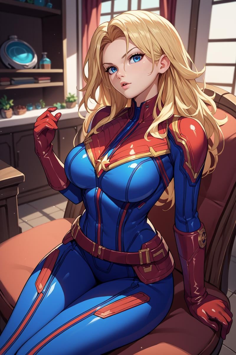 score_9, score_8_up, score_7_up, score_6_up, source_anime, 1girl, solo, <lora:cptmarvel-pdxl-nvwls-v1-000006:1> cptmvl, blonde hair, long hair, blue eyes, large breasts, red and blue bodysuit, red gloves, belt, sitting, fancy chair, indoors, science fiction, looking at you, chestnut mouth