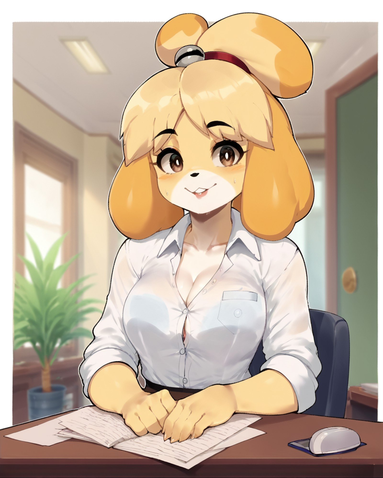 score_8_up, score_7_up, score_6_up, score_5_up, score_4_up, anime screencap, looking at viewer,<lora:Isabelle (Autism SDXL)-000009:0.7> 1girl, solo, isabelle (animal crossing), blonde hair, animal ears, furryupper body, <lora:Nyantcha (Autism Mix XL):1> nyantchaoffice, desk, paperwork, 