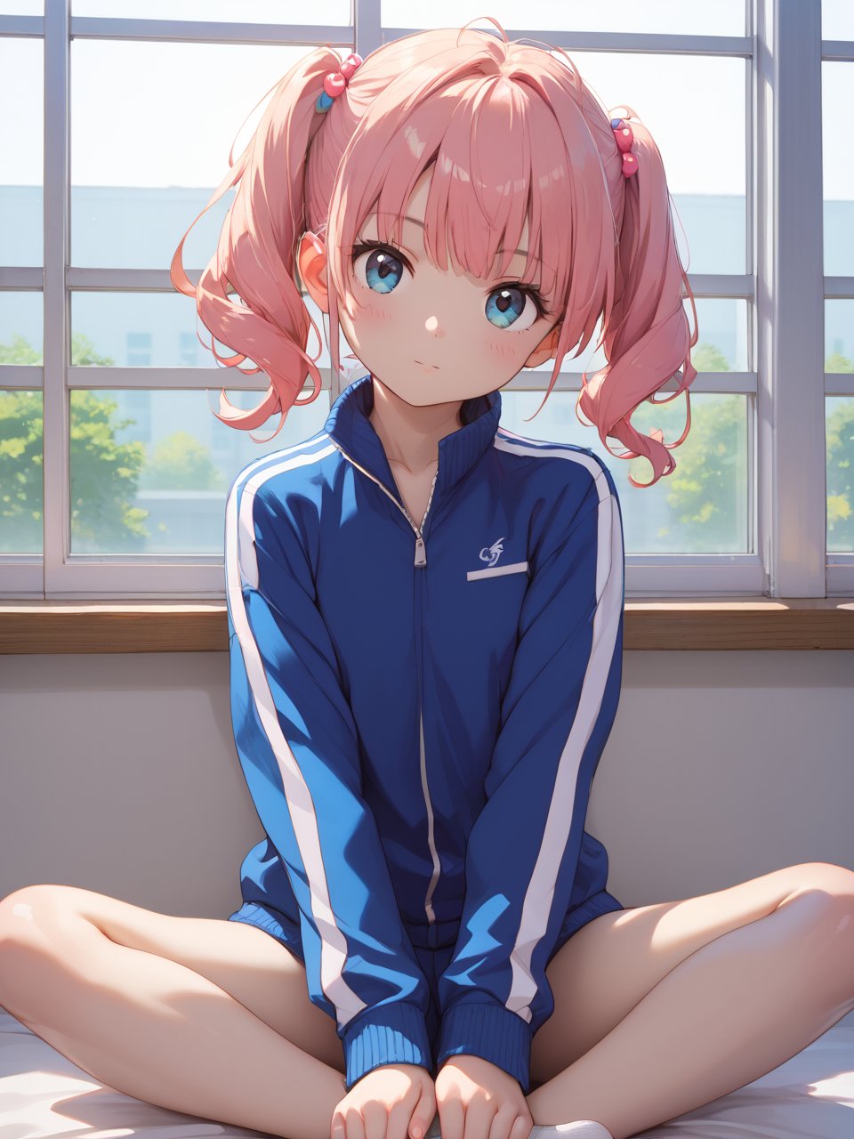 score_9,score_8_up,score_7_up,source_real,rating_explicit BREAK dramatic light,indoors,school,depth of field,dramatic shot,sitting in window,cute,1girl,looking at viewer,track suit,