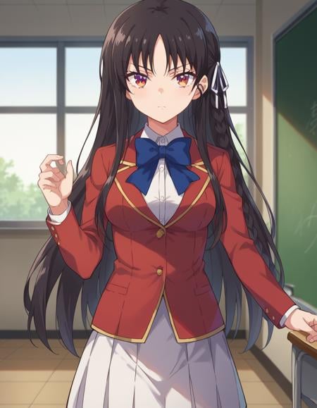 score_9, score_8_up, score_7_up, source_anime,suzunehorikita, <lora:suzune-horikita-ponyxl-lora-nochekaiser:1>,suzune horikita, long hair, black hair, red eyes, hair ribbon, braid,bow, school uniform, jacket, bowtie, blue bowtie, blazer, red blazer, skirt, white skirt,indoors, classroom, hallway,looking at viewer, dynamic pose, cowboy shot,