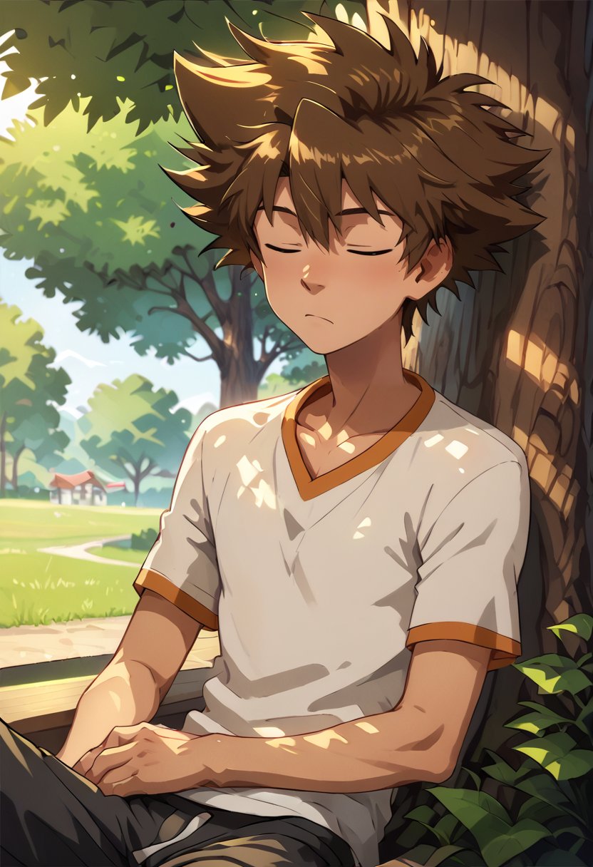 score_9,score_8_up,  <lora:YagamiTaichi:1>,yagami taichi, 1boy, <lora:OtherStyle_01:0.6>,brown hair, brown eyes,sleeping in a tree,on back