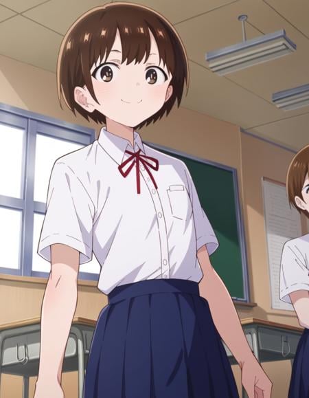 score_9, score_8_up, score_7_up, source_anime,chihirokobayashi, <lora:chihiro-kobayashi-s2-ponyxl-lora-nochekaiser:1>,chihiro kobayashi, short hair, brown hair, brown eyes,skirt, shirt, school uniform, pleated skirt, socks, white socks, white shirt, collared shirt, ribbon, red ribbon, short sleeves,indoors, classroom, smile,looking at viewer, cowboy shot, dutch angle,