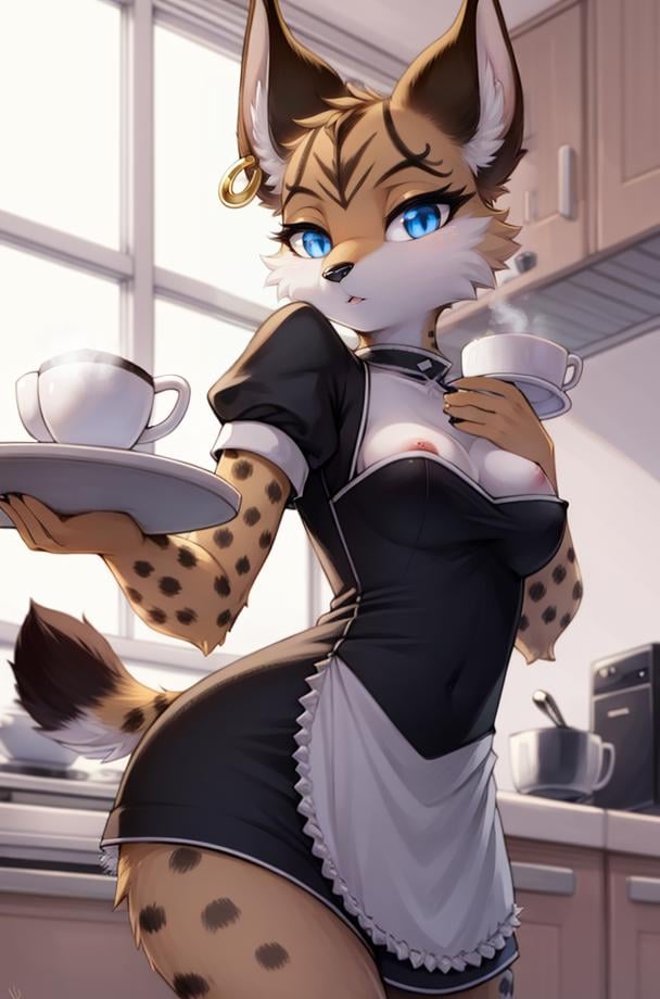 (anthro furry:1.2),1girl, solo,  MiyuCzar, female, lynx, (brown fluffy fur, lynx ears, blue eyes, small breasts, gold hoop ear ring), (maid uniform), (standing, holding serving tray, coffee cup, kitchen), (masterpiece:1.2), hires, ultra-high resolution, 8K, high quality, (sharp focus:1.2), clean, crisp, cinematic, <lora:Miyu1-12:1>