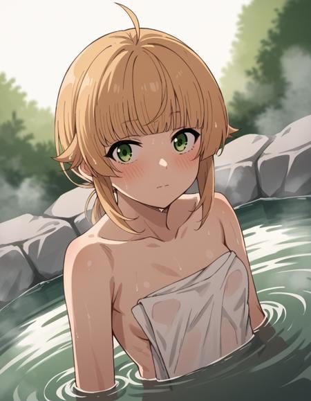 score_9, score_8_up, score_7_up, source_anime,norngreyrat, <lora:norn-greyrat-s2-ponyxl-lora-nochekaiser:1>,norn greyrat, bangs, blonde hair, green eyes, ahoge,nude, naked, small breasts,outdoors, onsen, towel, naked towel, steam, bathing, nude cover, partially submerged, water, bath, steam censor, wet towel, blush,solo, dutch angle, looking at viewer, cowboy shot,