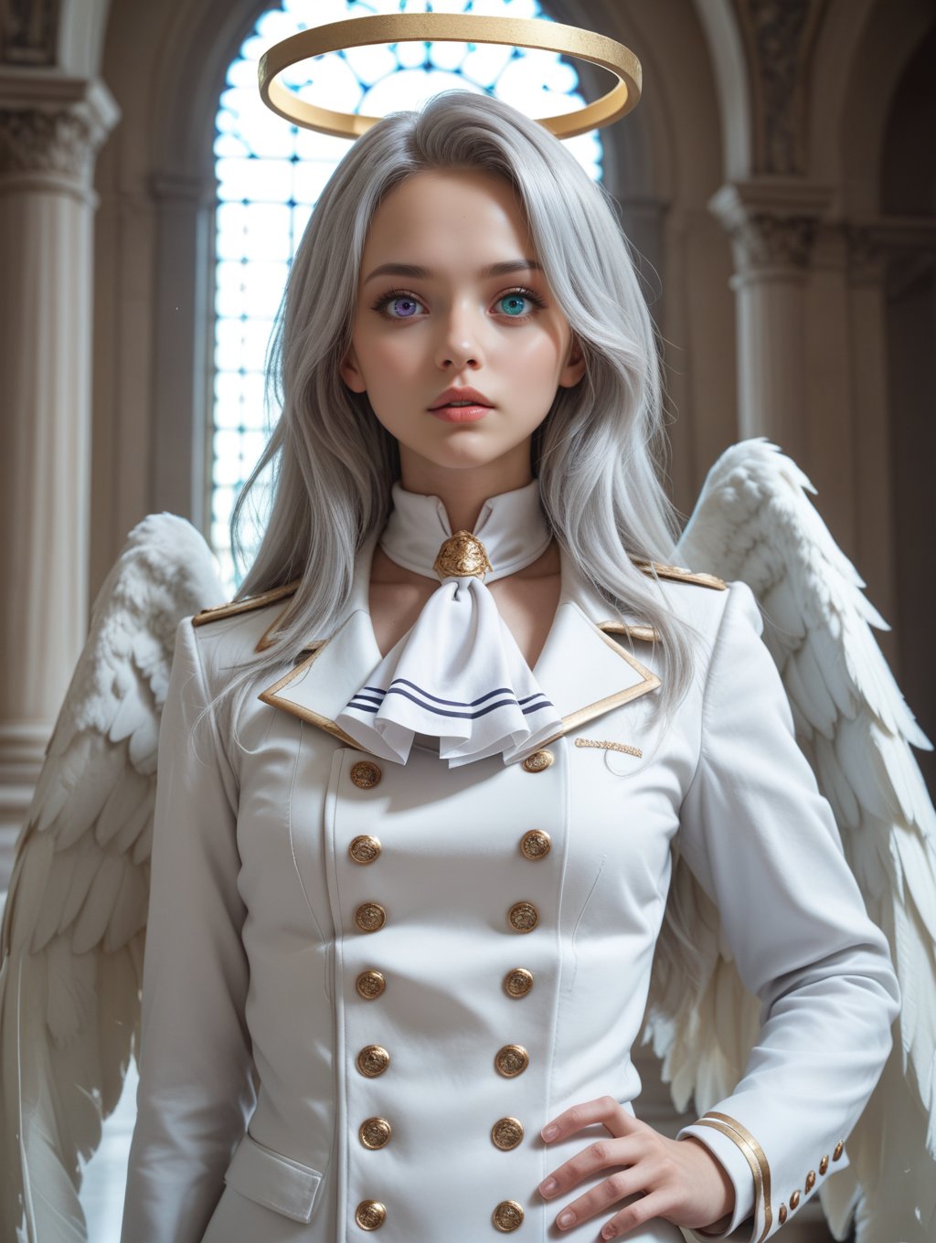 score_9, score_8_up, score_7_up,BREAK,1girl, silver hair, ascot, buttons,angel, angel wings, (heterochromia:1.1), halo,  ,double-breasted,  hand on own hip, highres, jacket, long sleeves, looking at viewer, long hair,  hair,   parted lips, upper body, palace, indoors, 