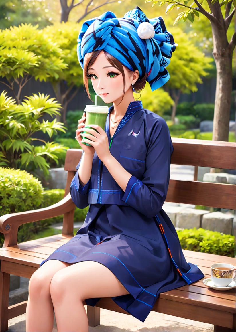 (masterpiece, best quality), solo, cool face, sitting on the wooden bench,  rokiah dress, navy blue paoh traditional dress, turban, a girl is breaking, drinking hot green-tea-latte BREAK (real, high-resolution photo), winter Japanese garden, (best quality:1.3), (extremely detailed:1.2) <lora: rokiah_dress:0.9>