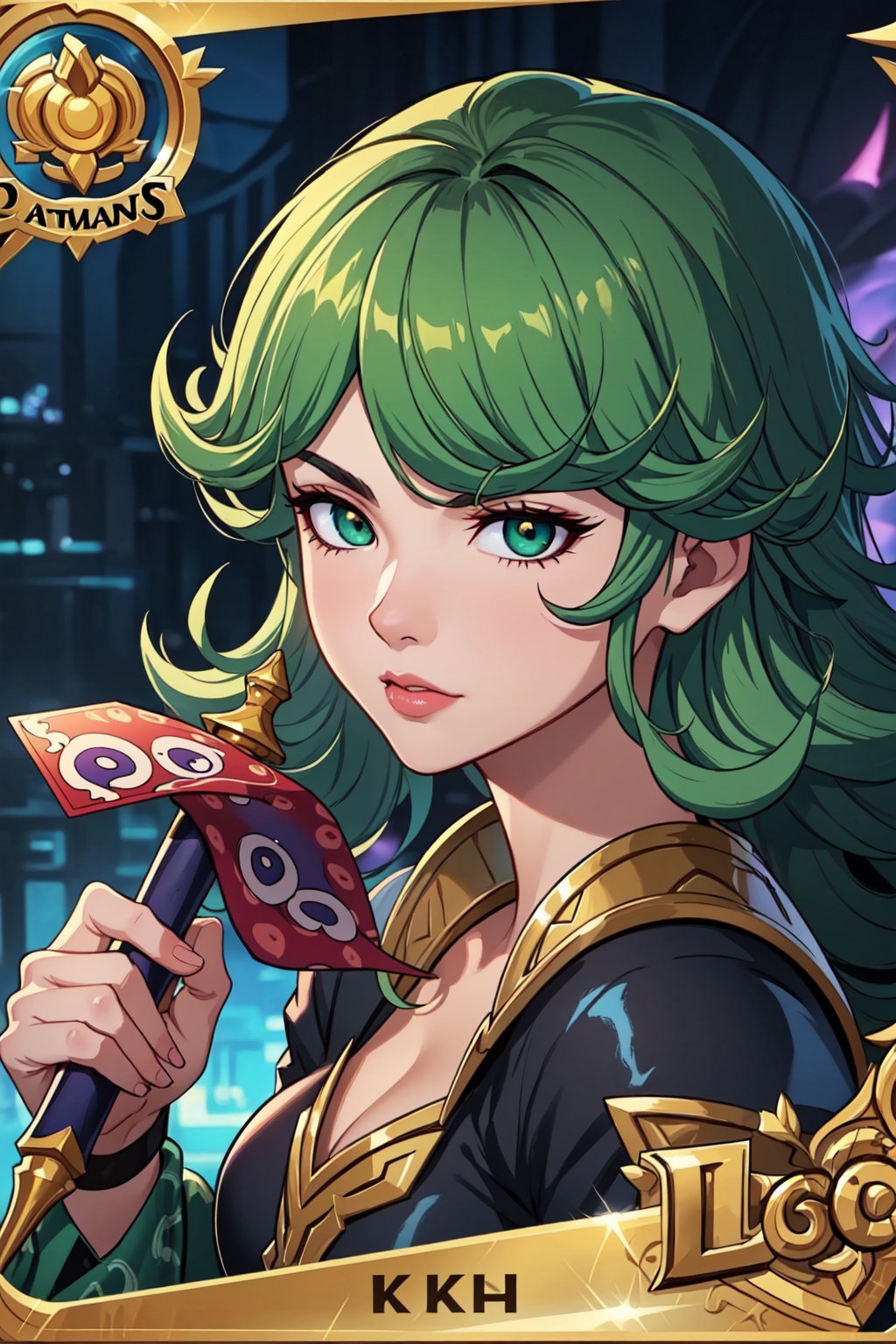 ((best quality)), ((masterpiece)), (detailed), woman with green hair, holding a sword, (Artgerm inspired:1.2), (pixiv contest winner:1.1), (octopus goddess:1.3), (Berserk art style:1.2), close-up portrait, goddess skull, (Senna from League of Legends:1.1), (Tatsumaki with green curly hair:1.2), card game illustration, thick brush, HD anime wallpaper, (Akali from League of Legends:1.1), 8k resolution