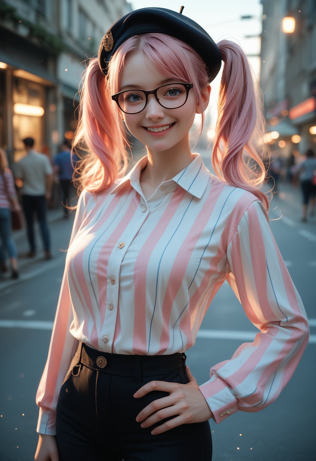 1girl,solo,pink hair,twintails,medium breasts,beret,striped shirt,long sleeves,black pants,looking at you,glasses,smile,street,hand on hip,, cinematic film still,score_9,score_8_up,score_7_up,dramatic lighting,(realistic:1.3),highly detailed,high budget,bokeh,cinemascope,moody,epic,gorgeous,film grain,grainy,masterpiece,best quality,perfect anatomy,very aesthetic,official art,8k,