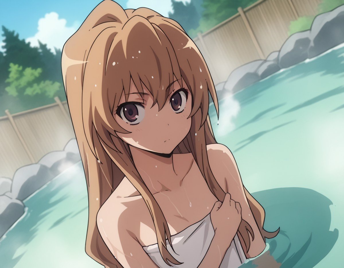 score_9, score_8_up, score_7_up, source_anime,taigaaisaka, <lora:taiga-aisaka-s1-ponyxl-lora-nochekaiser:1>,taiga aisaka, long hair, brown hair, brown eyes,nude, naked, outdoors, onsen, towel, naked towel, steam, bathing, nude cover, partially submerged, water, bath, steam censor, wet towel,looking at viewer, solo, cowboy shot, dutch angle,