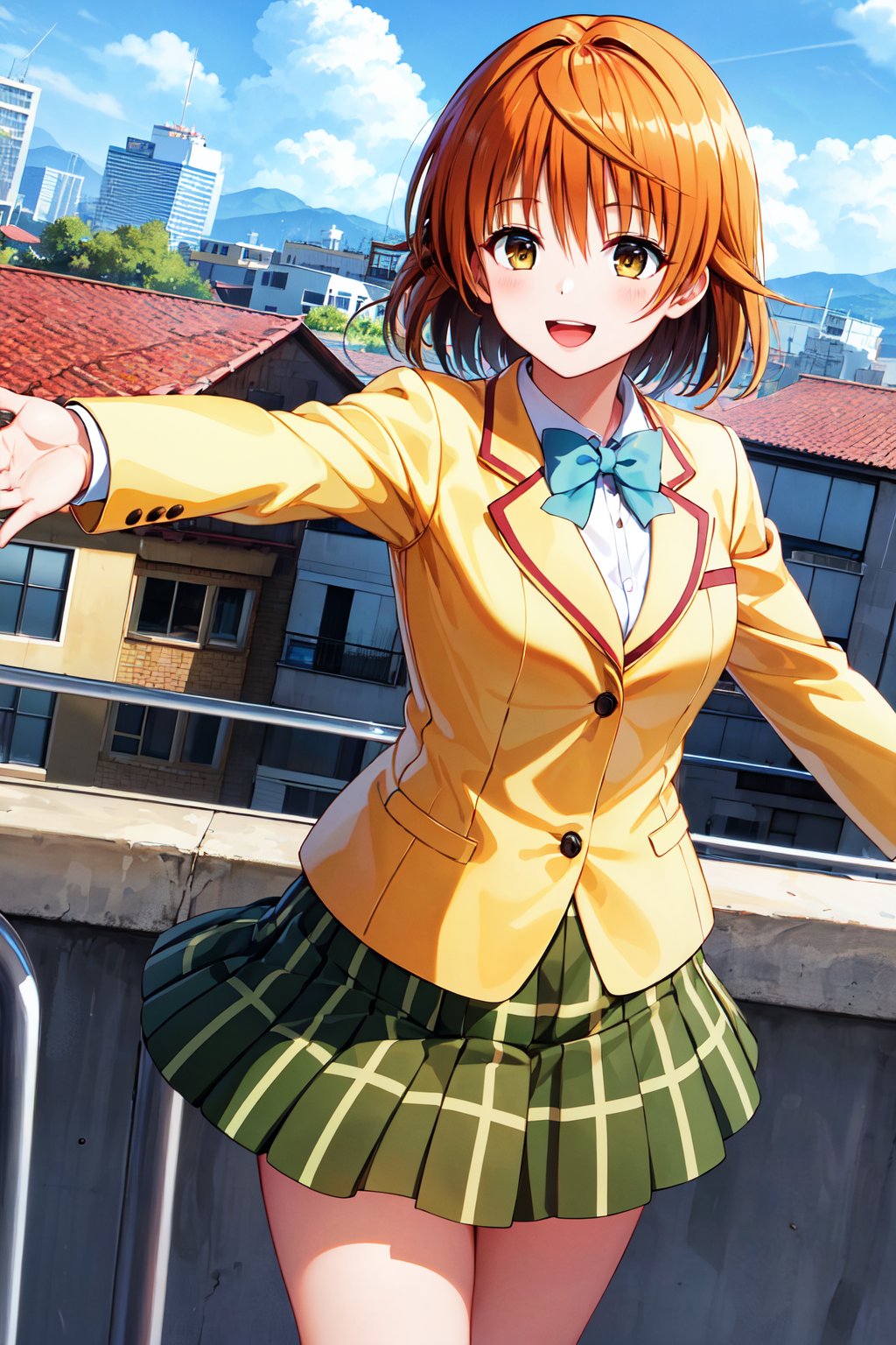 masterpiece, best quality, highres, aariko, short hair, brown eyes, school uniform, blue bowtie, blazer, yellow jacket, long sleeves, plaid skirt, green skirt, <lora:yuusaki_riko_v1:0.6>, rooftop, wind, outstretched arms, smile, open mouth, city, building, 