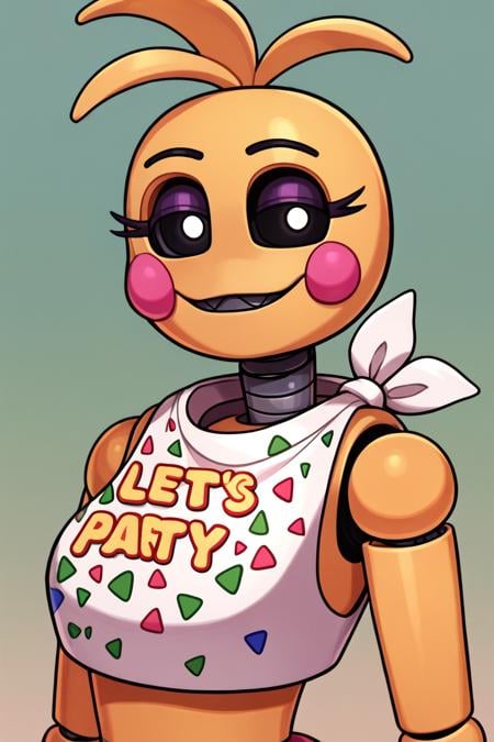 score_9, score_8_up, score_7_up, BREAK, 1girl, solo, <lora:toychica-guy-PONYv1:1>, toychica, yellow skin, joints, robot, makeup, crop top, depth of field, looking at viewer, portrait, simple background, 