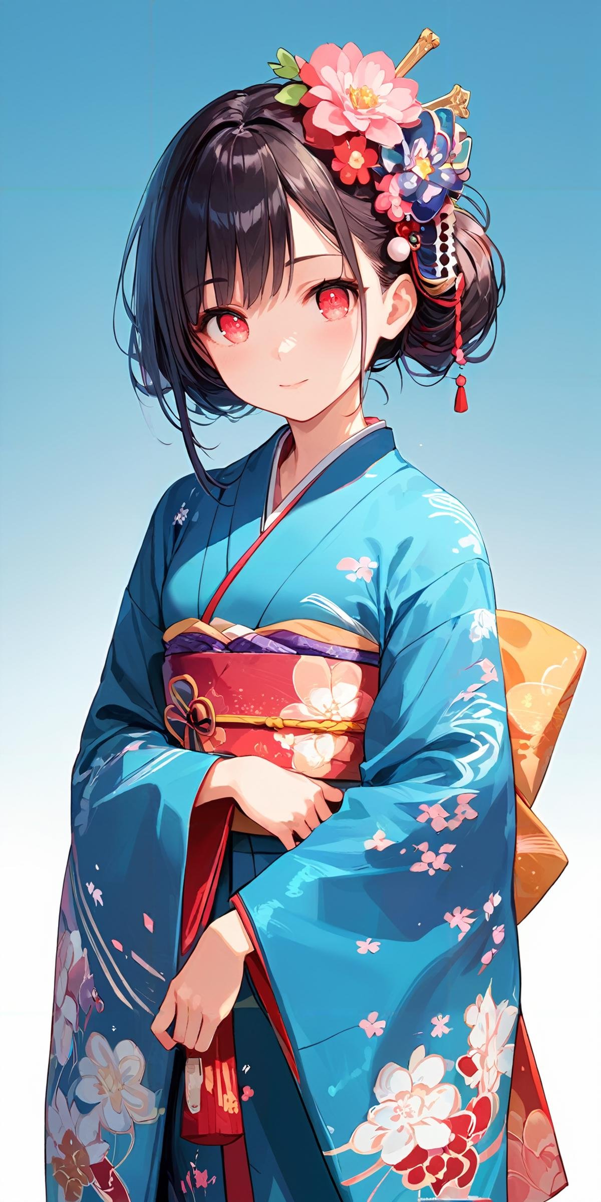 score_9, score_8_up, score_7_up,source_anime, high res image,masterpiece,best quality,girl,cute face,clear skin,shiny hair,ultra detailed eyes,simple background,  <lora:furisode_Pony_V1.0:1> jyojifuku, furisode, kimono, hair ornament, wide sleeves