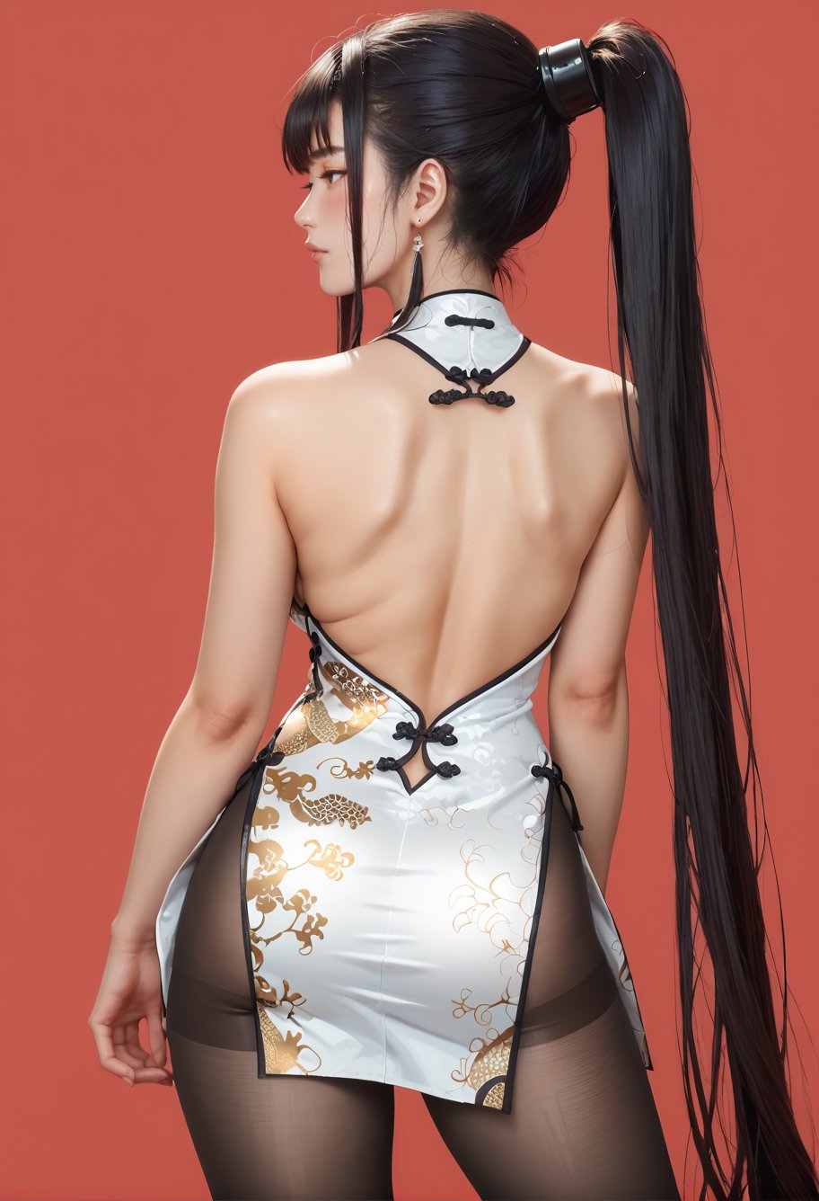 score_9,score_8_up,score_7_up,8k,hd,blush,red background,1girl,solo,from behind,black hair,high ponytail,very long hair,spread legs,,ruanyi0608,bare shoulders,black pantyhose,china dress,cleavage,side slit,white dress,ass,<lora:0608 Stellar Blade (national color peony)_v1_pony:0.9>