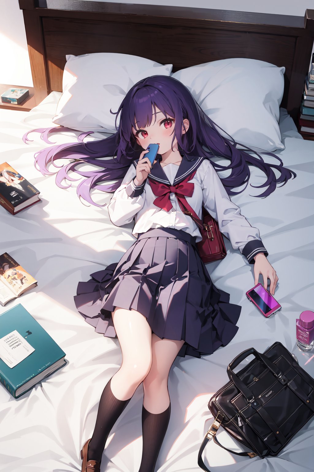 masterpiece,best quality,(ray tracing,cinematic lighting),sunlight, 1girl,,medium\, solo, school_uniform, long_hair, skirt, Long purple hair, Red eyes,full body,Schoolbag, Books, Pen,Mobile phone, CosmeticsSimple background, White background(A girl is lying on the bed, from above)