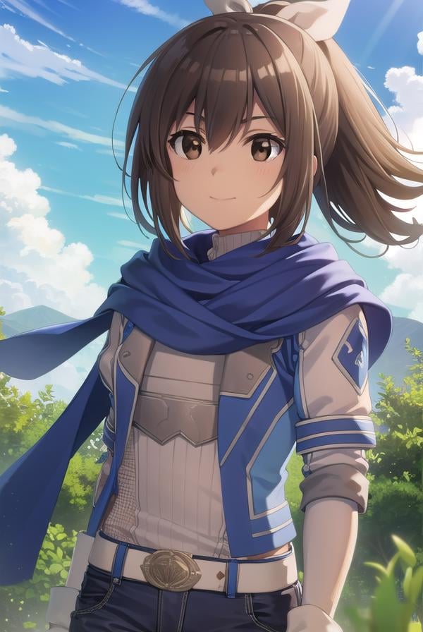 bofurisally, <lora:bofuri sally s2-lora-nochekaiser:1>, sally, long hair, brown hair, (brown eyes:1.5), ribbon, hair ribbon, ponytail, smile,BREAK gloves, shorts, scarf, blue scarf, shirt, white shirt, puffy sleeves, long sleeves, belt, denim shorts,BREAK outdoors, nature, forest, sun, sky, clouds, trees, grass,BREAK looking at viewer,BREAK <lyco:GoodHands-beta2:1>, (masterpiece:1.2), best quality, high resolution, unity 8k wallpaper, (illustration:0.8), (beautiful detailed eyes:1.6), extremely detailed face, perfect lighting, extremely detailed CG, (perfect hands, perfect anatomy),