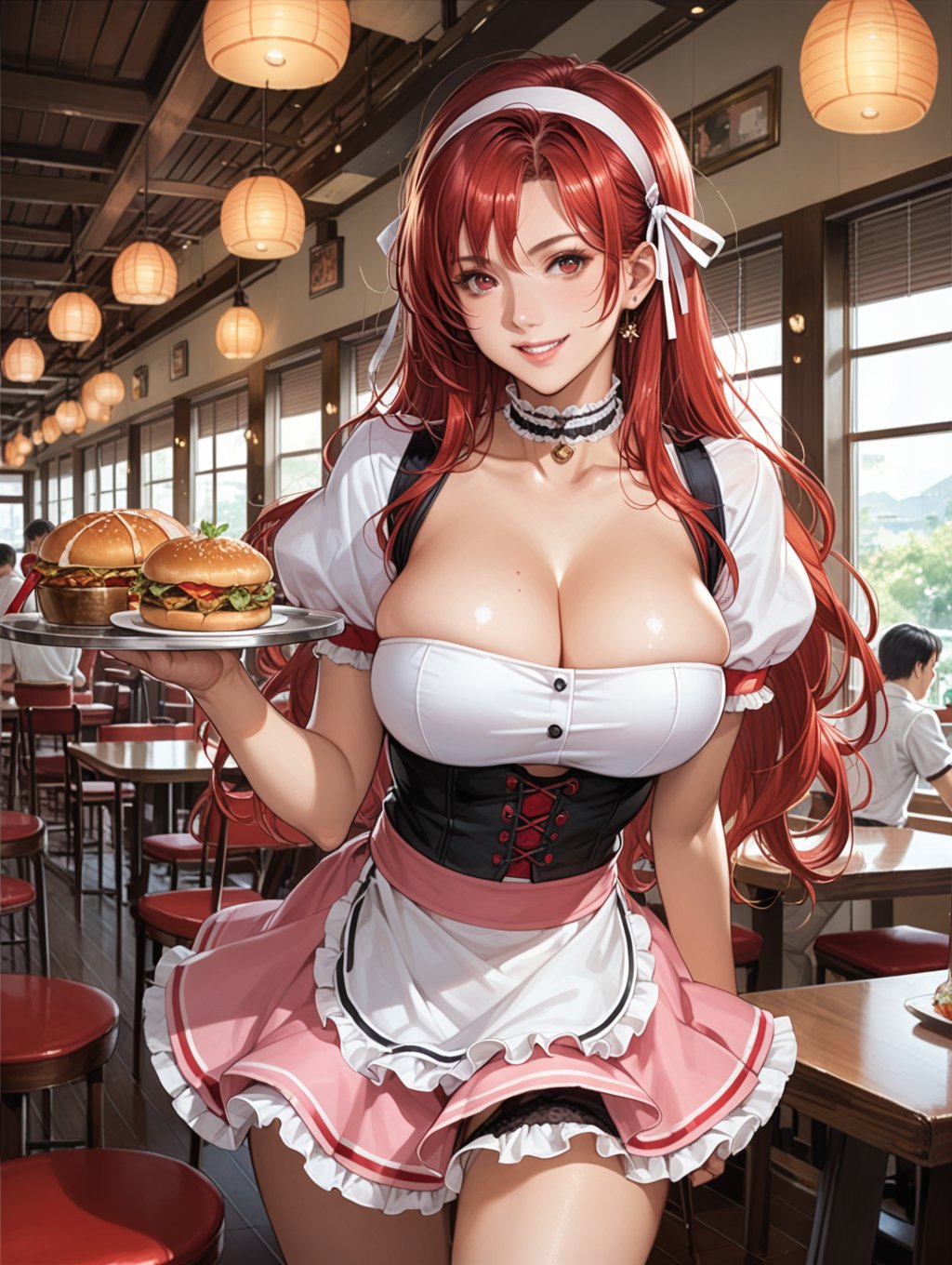 score_9, score_8_up, score_7_up,1girl, solo, cowboy shot, large breasts, smile, family restaurant, honjouji_akira, red eyes, red hair, long hair, hair ribbon, hairband, cleavage, choker, waitress, underbust, puffy short sleeves, pink skirt, panties