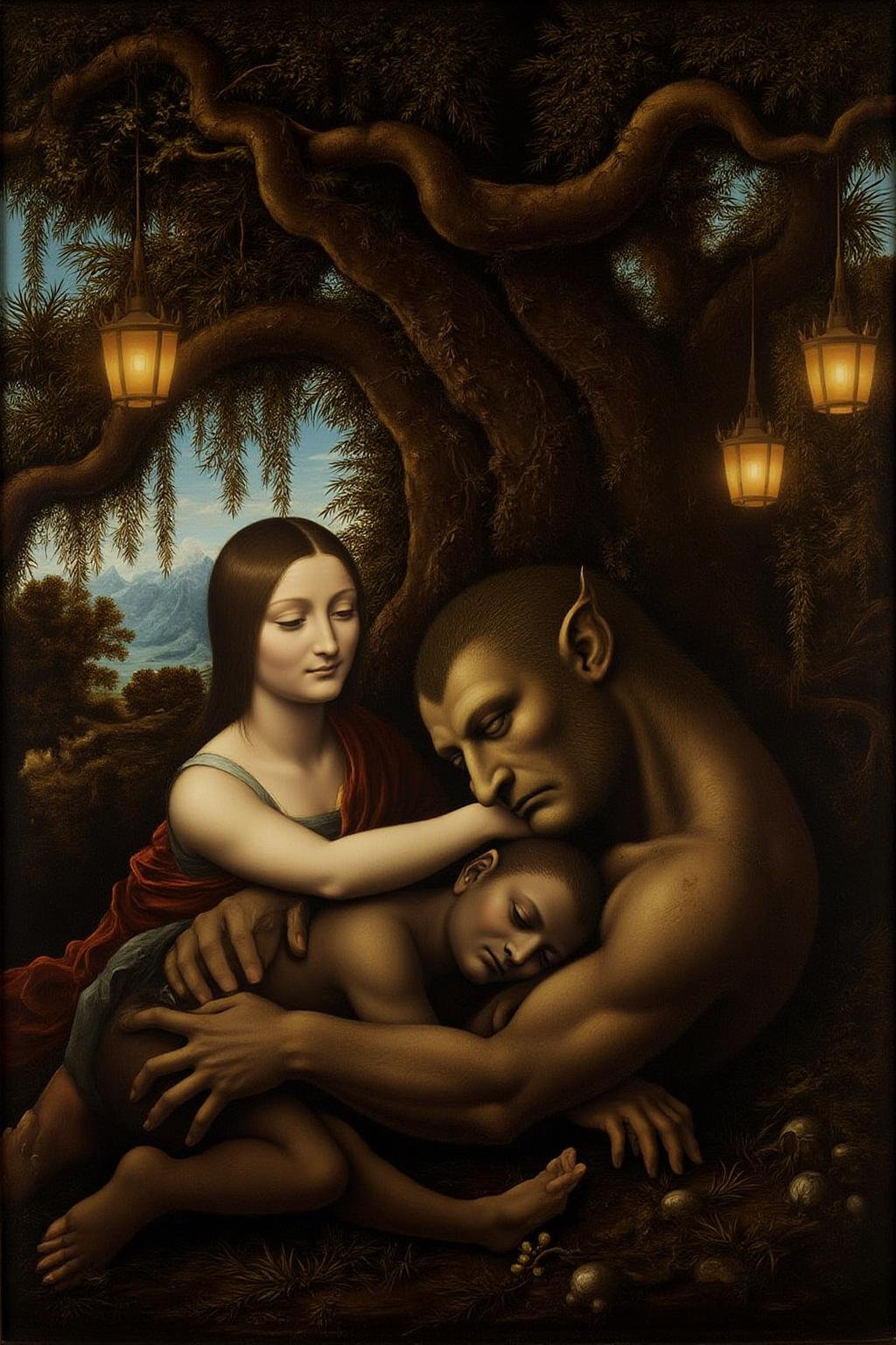 davinci1 painting.A beautiful woman and a sleeping demon. The woman sits gracefully under a sprawling tree with lush,  cur...