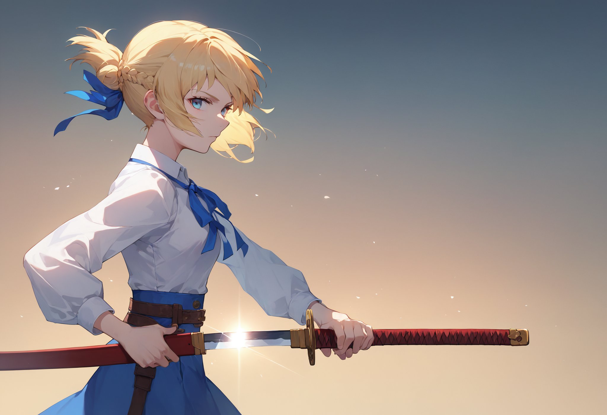 score_9, score_8_up, score_7_up, 1girl, holding sword unsheathing, looking at viewer, from side, saber, blonde hair, french braid, white shirt, blue skirt, blue ribbon<lora:unsheathing_2_final:1>