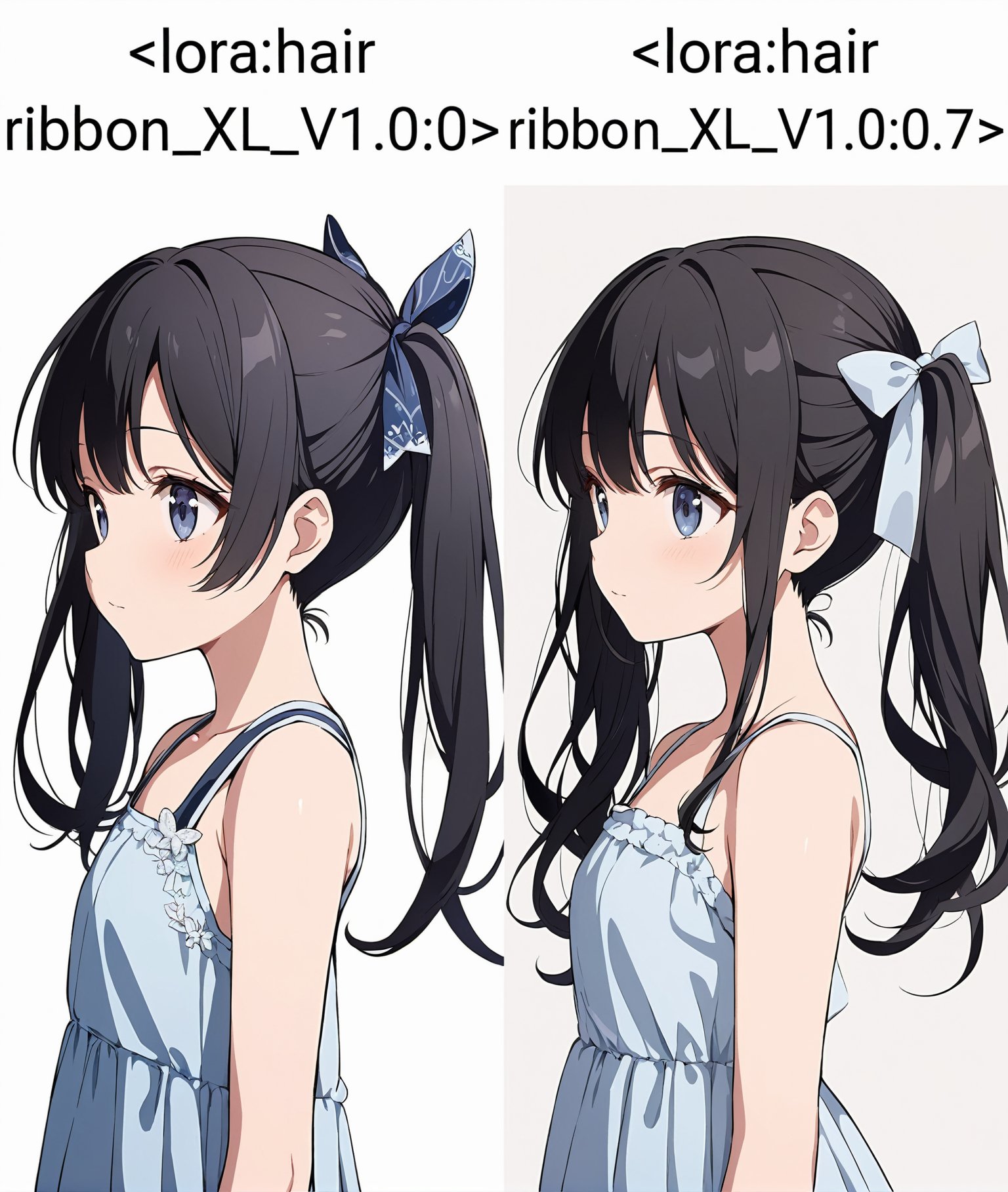 masterpiece,ultra-detailed,best quality,8K,illustration,cute face,clean skin ,shiny hair,girl,ultra-detailed-eyes,simple background, source anime<lora:add-detail-xl:1> <lora:hair ribbon_XL_V1.0:0> hair ribbon,twintail,cowboy shot,from side