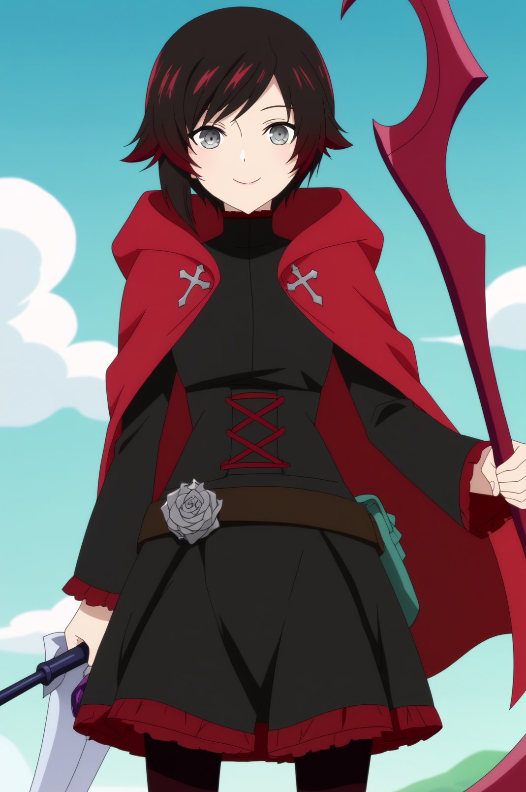 ruby rose,anime screencap,1girl,solo,mature,short hair,red hair,multicolored hair,looking at viewer,crescent rose,cloak,holding scythe,cross,hooded cloak, hood,smile,standing,sky,cloud,close up <lora:Ruby Rose - RWBY.safetensors:0.8>