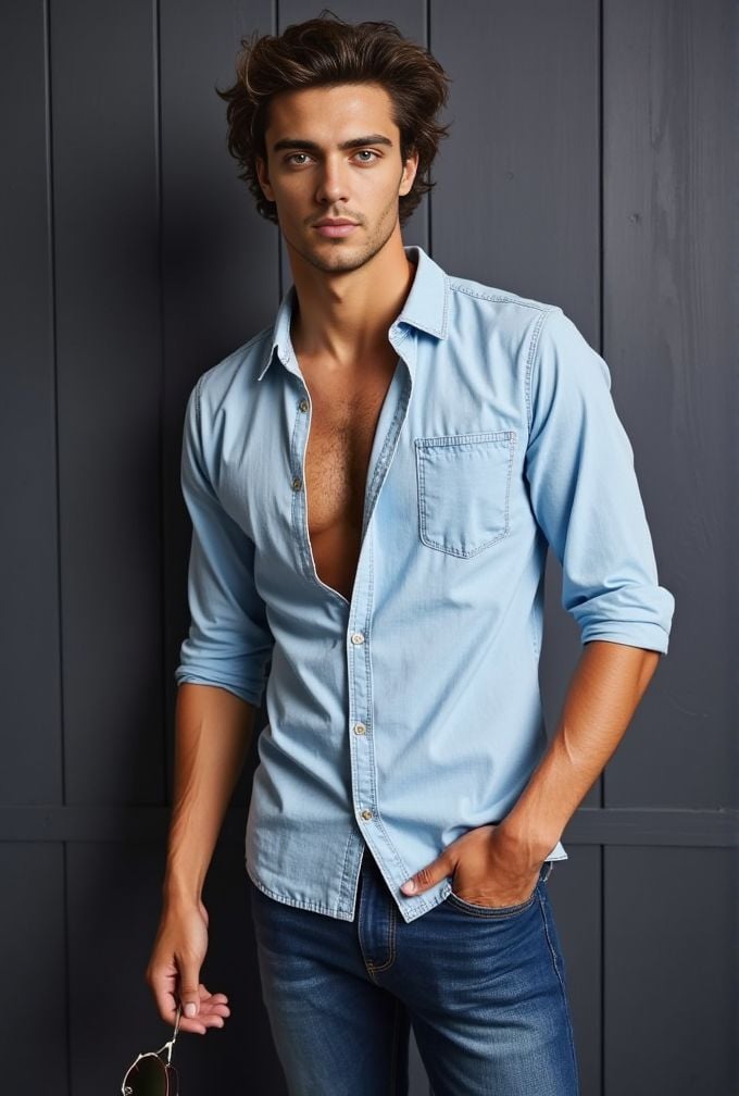 Thomas Ceccon ,  stands confidently in front of a dark gray wall. He wears a light denim shirt. unbuttoned at the top. rev...