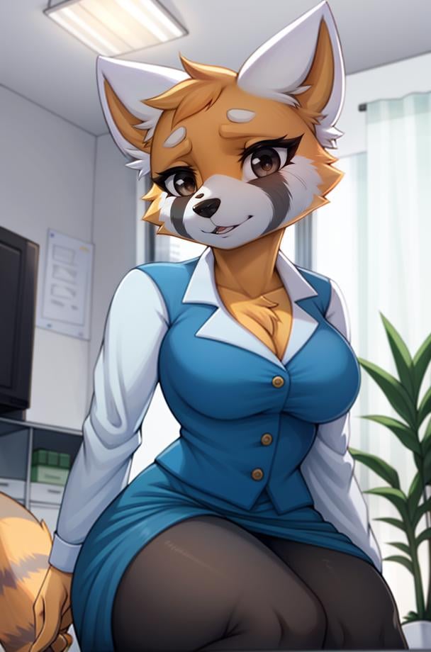 1girl, RetsukoCzar, (two-toned fur, orange fur, black eyes, whiskers, animal ears, racoon tail, striped tail, snout), (blue skirt, white long-sleeved shirt, blue vest, office lady), (interior, office), (masterpiece:1.2), hires, ultra-high resolution, 8K, high quality, (sharp focus:1.2), clean, crisp, cinematic, <lora:Retsuko-20:1>