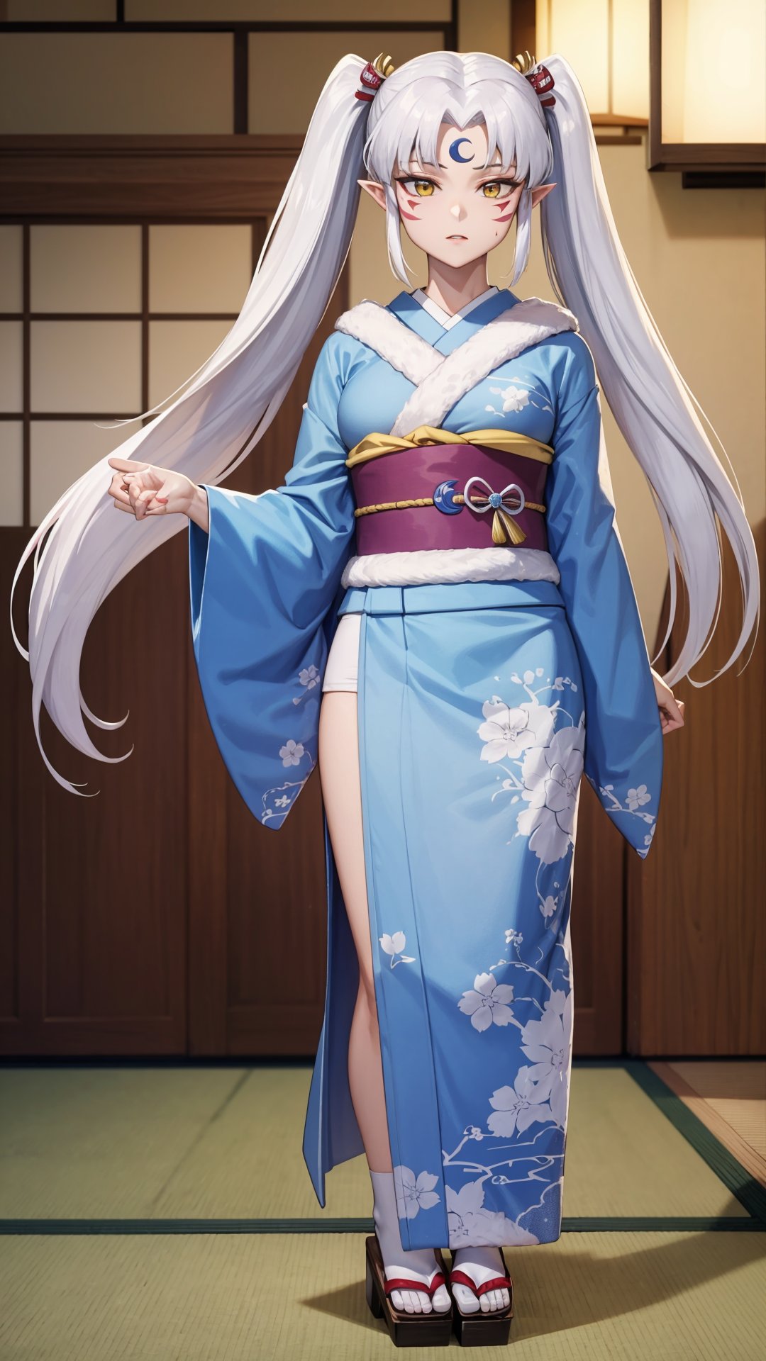 (masterpiece, best quality),ray tracing,absurdres, HDR,Sesshomaru imoto, 1girl, japanese clothes, solo, kimono, long hair, white hair, crescent, forehead mark, full body, facial mark, pointy ears, d, sash,fur,  twintails, fur, obi, yellow eyes, moon on the forehead, tabi, geta<lora:Sesshomaru imoto:0.7>