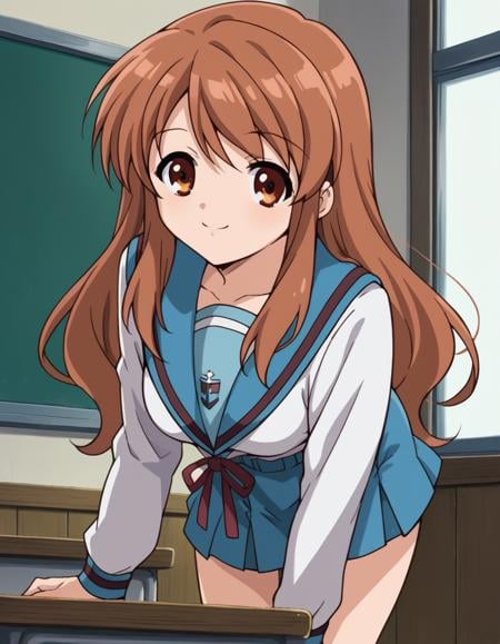 score_9, score_8_up, score_7_up, source_anime,mikuruasahina,  <lora:mikuru-asahina-s1-ponyxl-lora-nochekaiser:1>,mikuru asahina, long hair, brown hair, brown eyes,skirt, long sleeves, school uniform, serafuku, sailor collar, blue skirt, blue sailor collar, winter uniform, kita high school uniform,indoors, classroom, bent over, smile,looking at viewer, dutch angle, cowboy shot, solo,