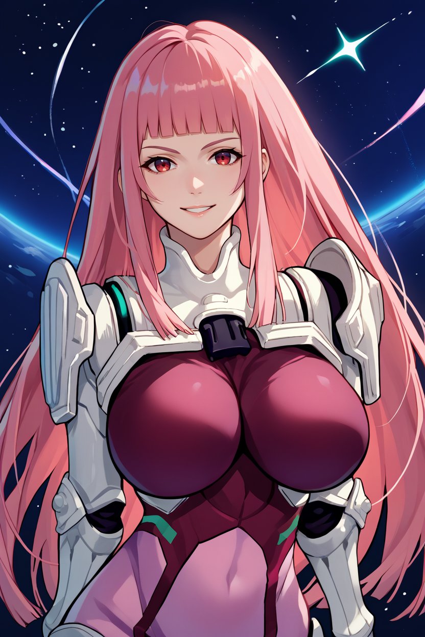 score_9, score_8_up, score_7_up, score_6_up, source_anime, 1girl, solo,   <lora:zoeken-pdxl-nvwls-v1-000008:1> zoeKen, pink hair, long hair, red eyes, blunt bangs, pink bodysuit, black gloves, shoulder pads, gauntlets, large breasts, night sky, outer space, upper body, looking at you, smile