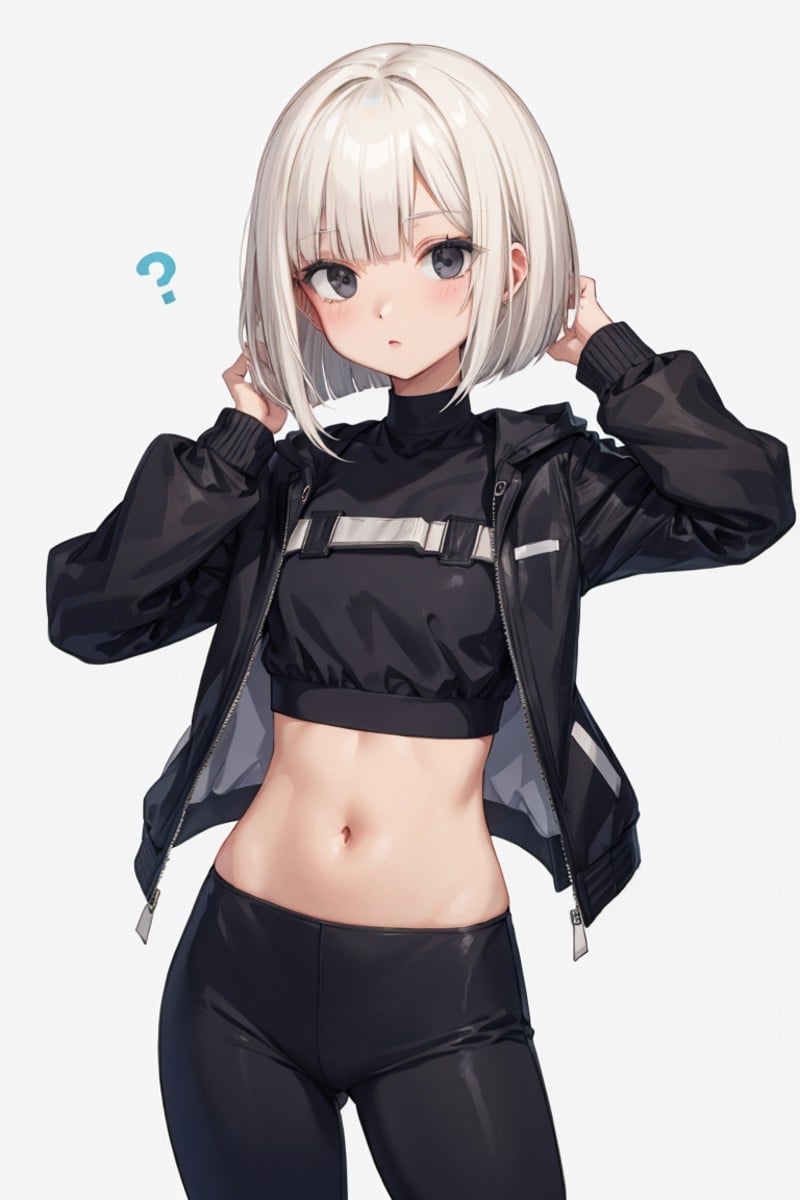 1lady,solo,leggings,cropped top,jacket,platinum blonde,bob cut,cowboy shot,black eyes,