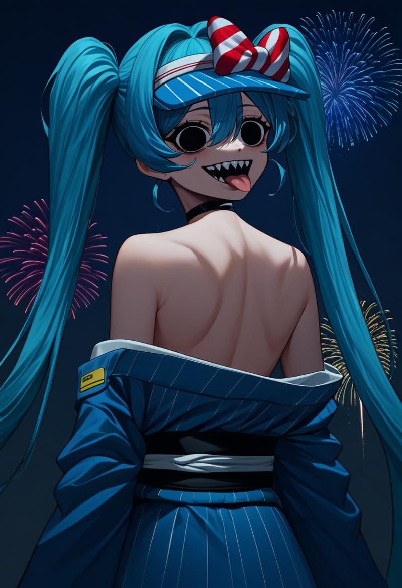 score_9, score_8_up, score_7_up, source_anime, from behind, solo, 1girl, mesmerizermiku, sharp teeth, crazy smile, looking back, tongue out, blue hair, twintails, hair bow, striped bow, visor cap, black eyes, empty eyes, blue kimono, off shoulder, black sash, black choker, bare shoulders, fireworks <lora:vocaloid_mesmerizermiku_ponyXL:1>