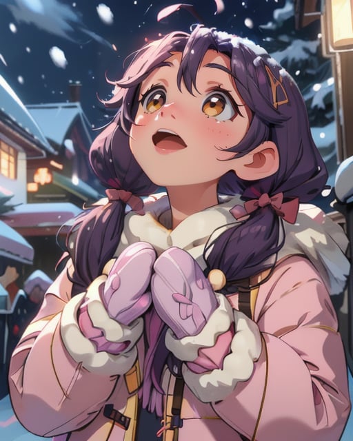 best quality, masterpiece, highres, detailed, digital artwork, <lora:Tools - add_detail:0.2>, SnowWonder,  <lora:Scene - SnowWonder:0.8>, excited, snowing, night, city,  upper body, BREAK  Sango, purple hair, low twintails, gold eyes, ahoge, pink ribbon, purple cloths, down jacket, <lora:Character - SangoV2:0.8>, mittens, looking up, 