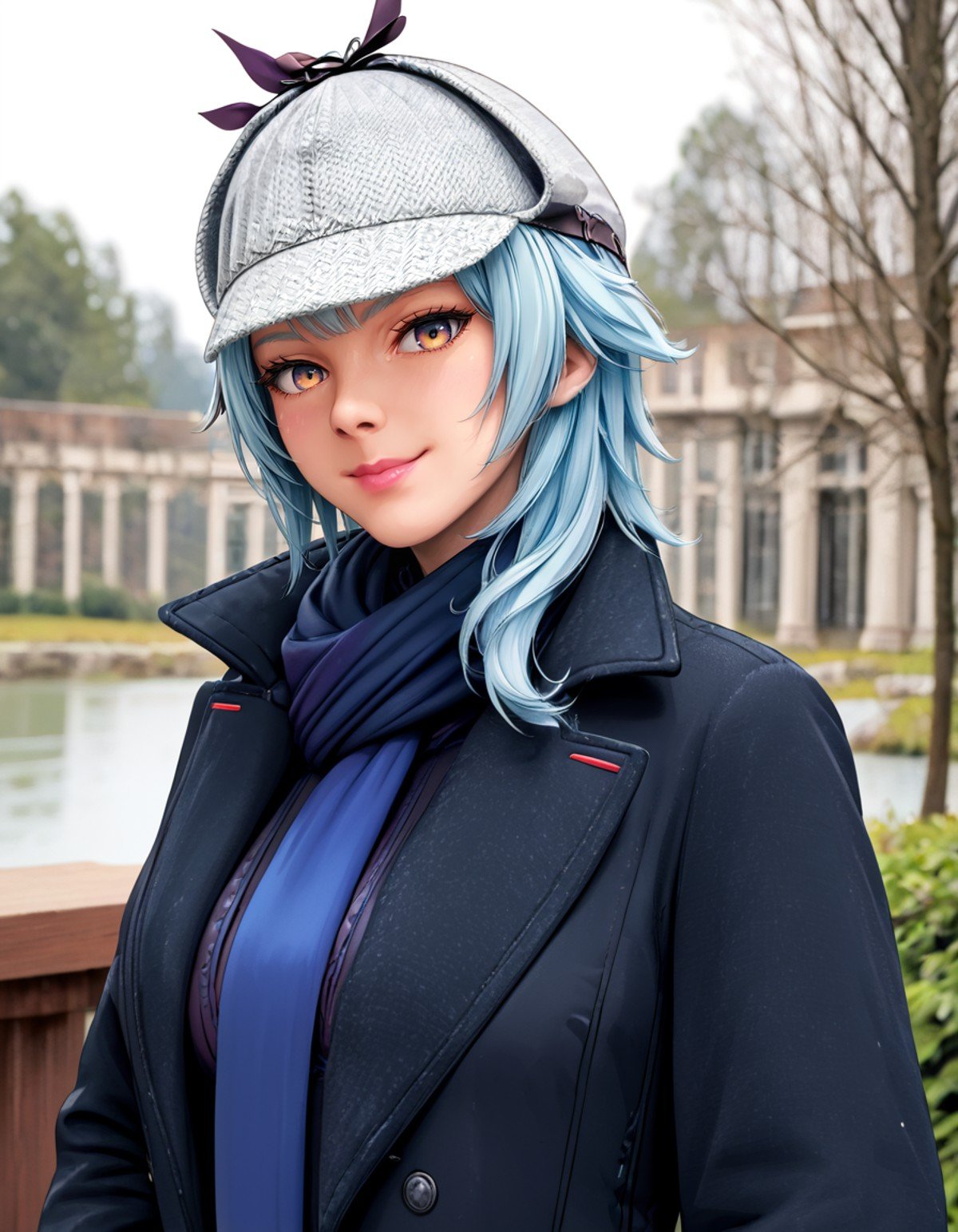 score_9, score_8_up, score_7_up,eula,blue hair,portrait,wearing sh3rl0ck coat, deerstalker hat,sexy pose,seductive smile,scenery,<lora:sherlock:1>