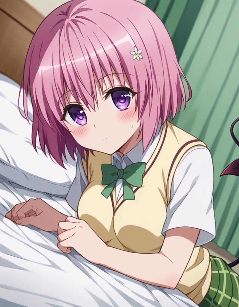 score_9, score_8_up, score_7_up, source_anime,momodeviluke, <lora:momo-deviluke-darkness-ponyxl-lora-nochekaiser:1>,momo deviluke, demon tail, hair flower, hair ornament, purple eyes, pink hair, short hair, tail,demon tail, green skirt, plaid, plaid skirt, sainan high school uniform, school uniform, skirt, sweater vest, thighhighs, yellow sweater, short sleeves, bow, green bow,indoors, bed, bed room, on side, blush, drunk,looking at viewer, cowboy shot, dutch angle, solo,