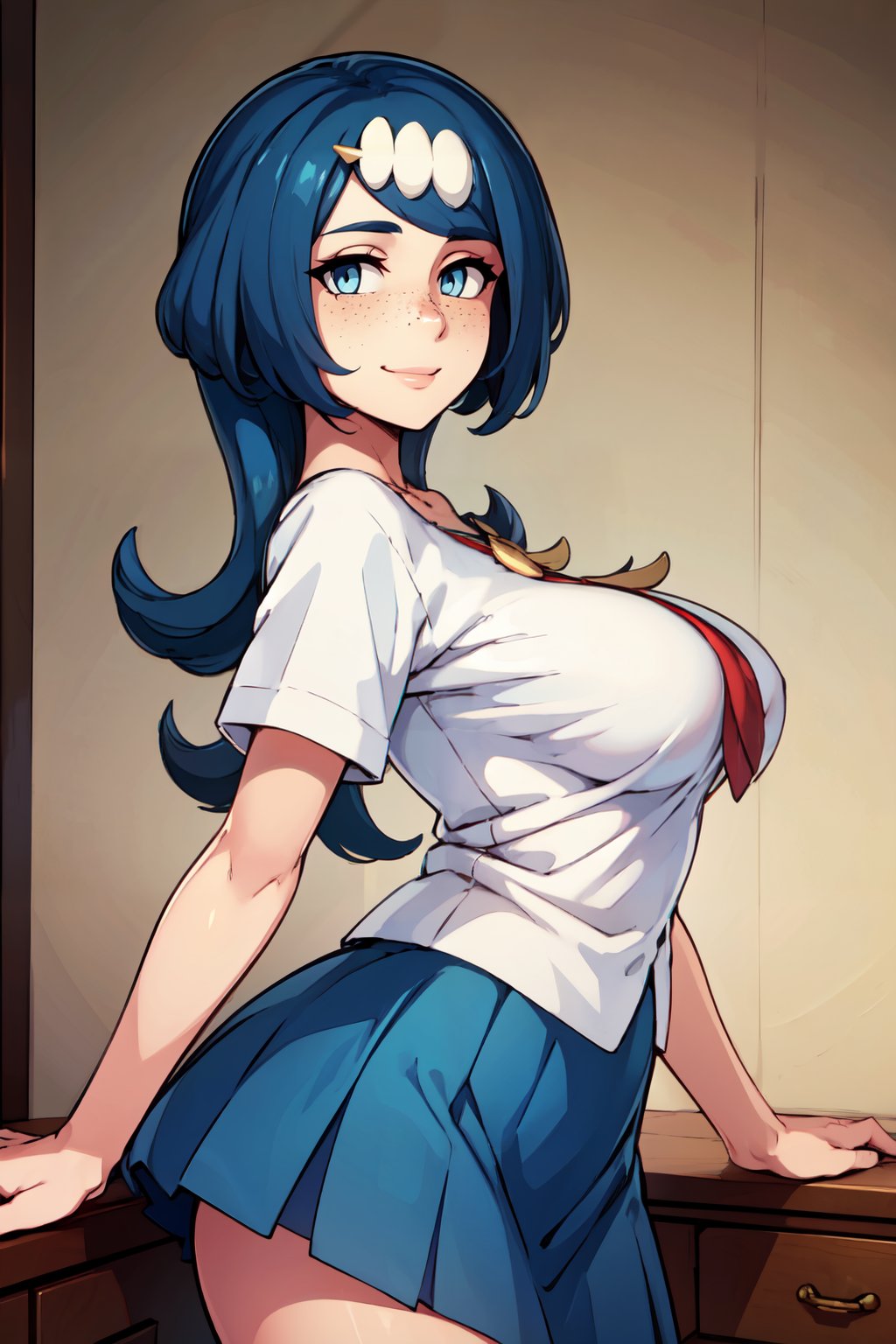 ((masterpiece,best quality)), absurdres,  BREAK,, <lora:Lanas_Mother_Pokemon:0.8>, zzLanasMother, blue hair, blue eyes, long hair, freckles, large breasts, hair ornament, white shirt, blue skirt, , BREAK, side view, hip to the side, contrapposto,, BREAK, solo, smile, looking at viewer, cowboy shot,