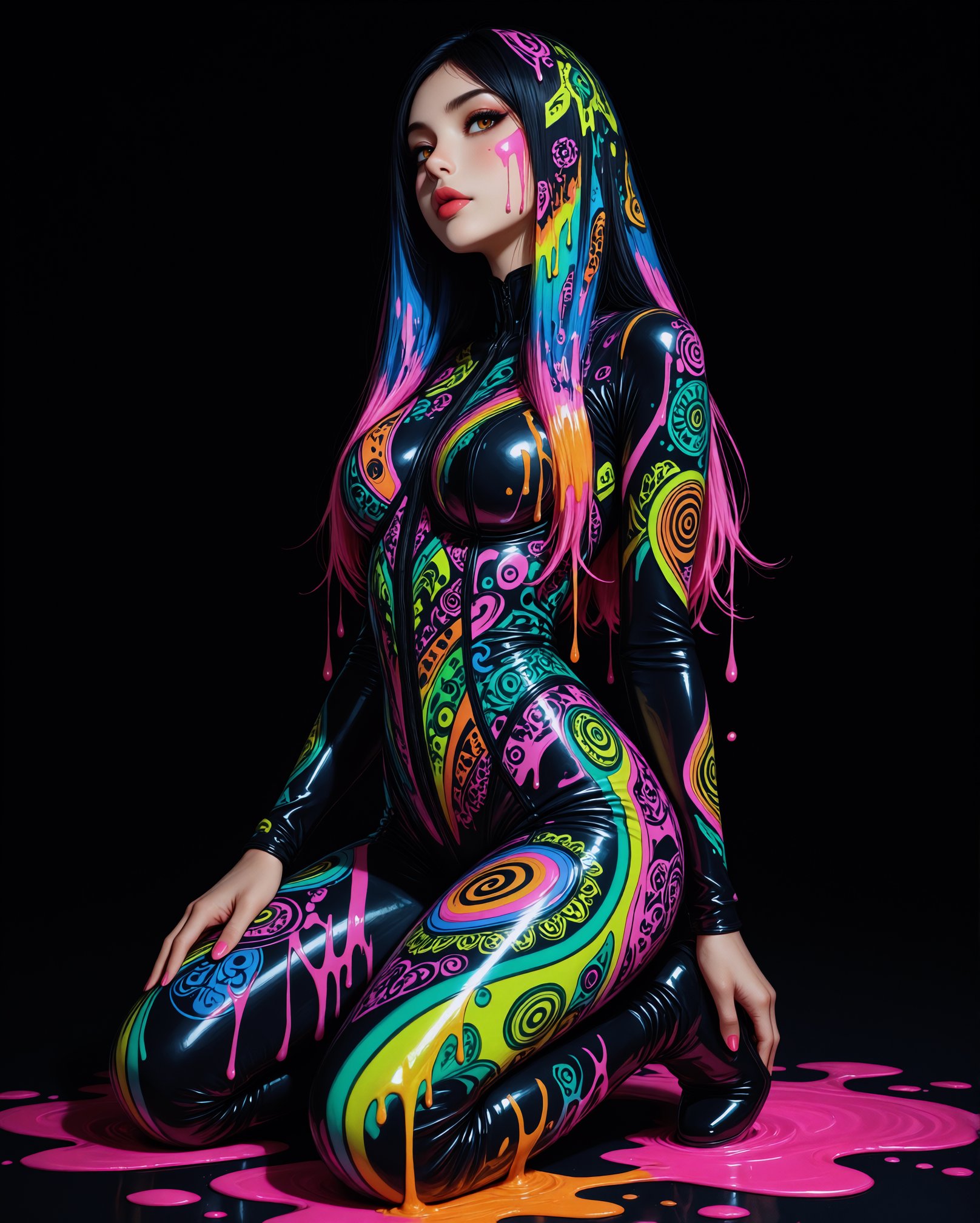 full body shot of a female model,  wearing artistic colorful bodysuit,  fully covered body by miaomiao on Tensor.Art