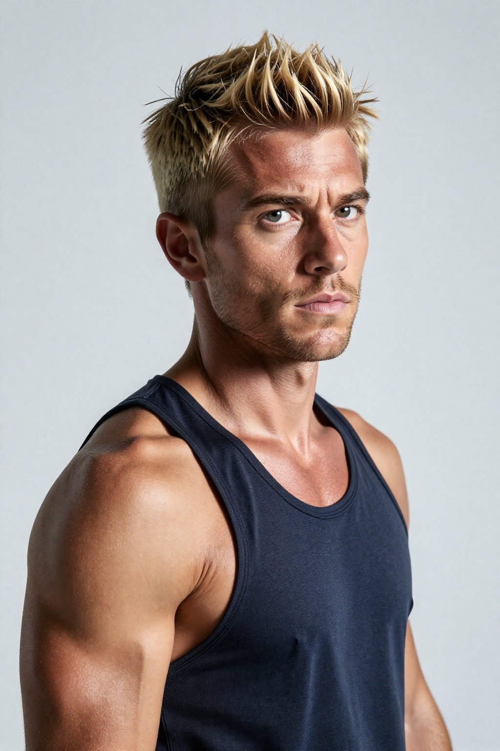 a strong man,  black with blonde meshes short hair ,  sportive clothes Bali octabox large round catchlight in eyes soft wr...