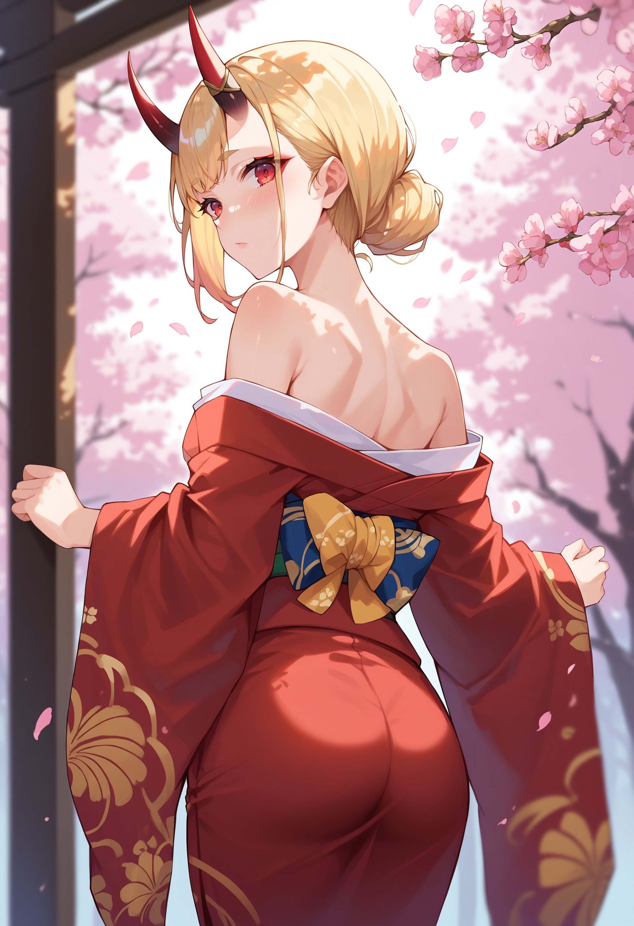 score_9, score_8_up, score_7_up, score_6_up, source anime,oni, kitagawa marin, oni horns, skin-covered horns, japanese clothes, red kimono, solo, blonde hair, red eyes, cowboy shot, outdoors, bare shoulders, from behind, looking back, blush, cherry blossoms, depth of field, dappled sunlight, falling petals, masterpeice, best quality, very aesthetic, absurdres