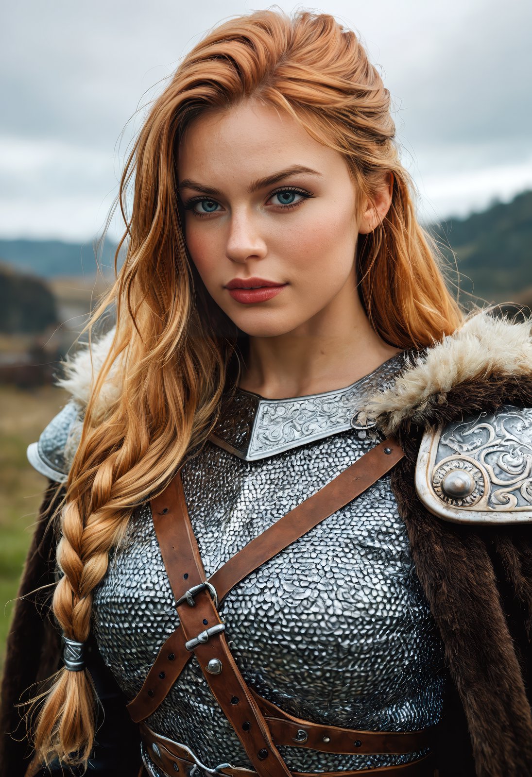 score_9, score_8_up, score_7_up, high detailed texture, photograph, realisticA high-resolution photograph of a Viking woman warrior, traditional Viking armor, leather tunic, chainmail, fur cloak, The overall mood is intense and adventurous, capturing the spirit of the Viking age, high-resolution, Viking warrior, traditional armor, intense, adventurous